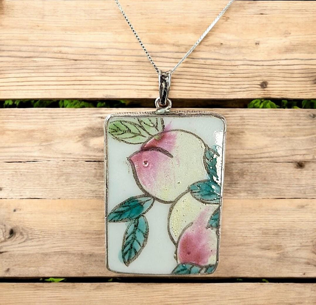 Antique Chinese Porcelain Shard Pendant: Hand-Painted Peaches, Sterling Silver Chain