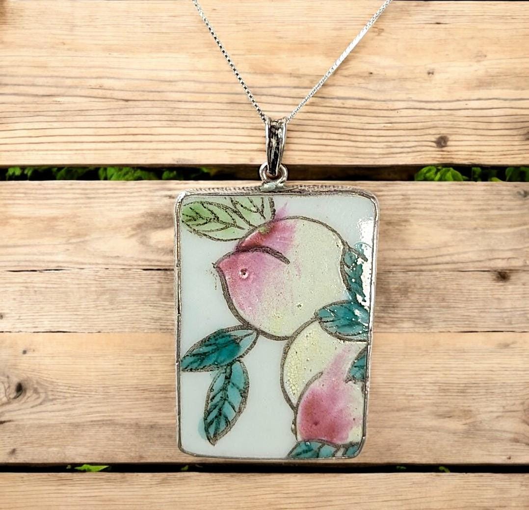 Antique Chinese Porcelain Shard Pendant: Hand-Painted Peaches, Sterling Silver Chain