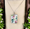 Antique Chinese Porcelain Shard Pendant: Hand-Painted Peaches, Sterling Silver Chain