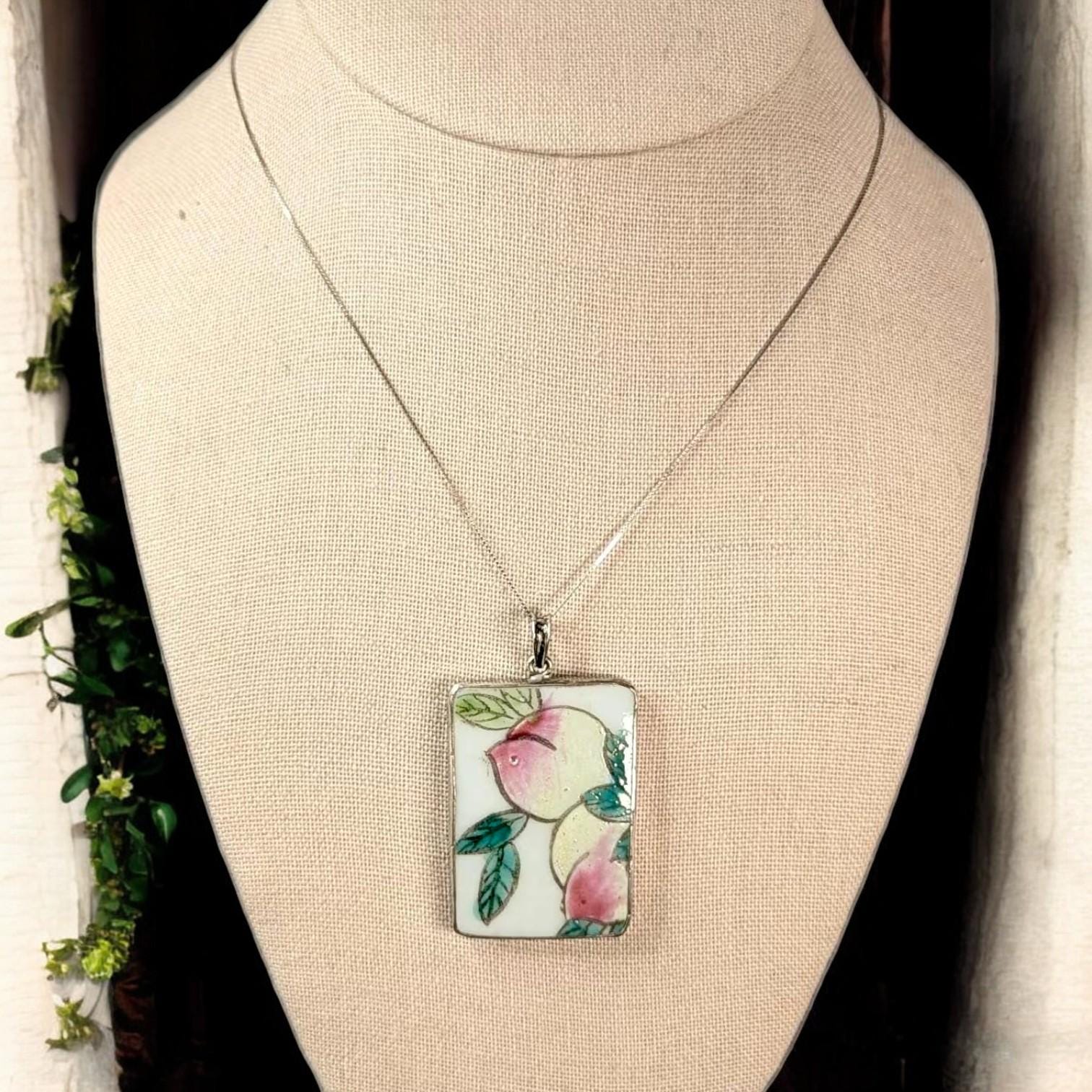 Antique Chinese Porcelain Shard Pendant: Hand-Painted Peaches, Sterling Silver Chain
