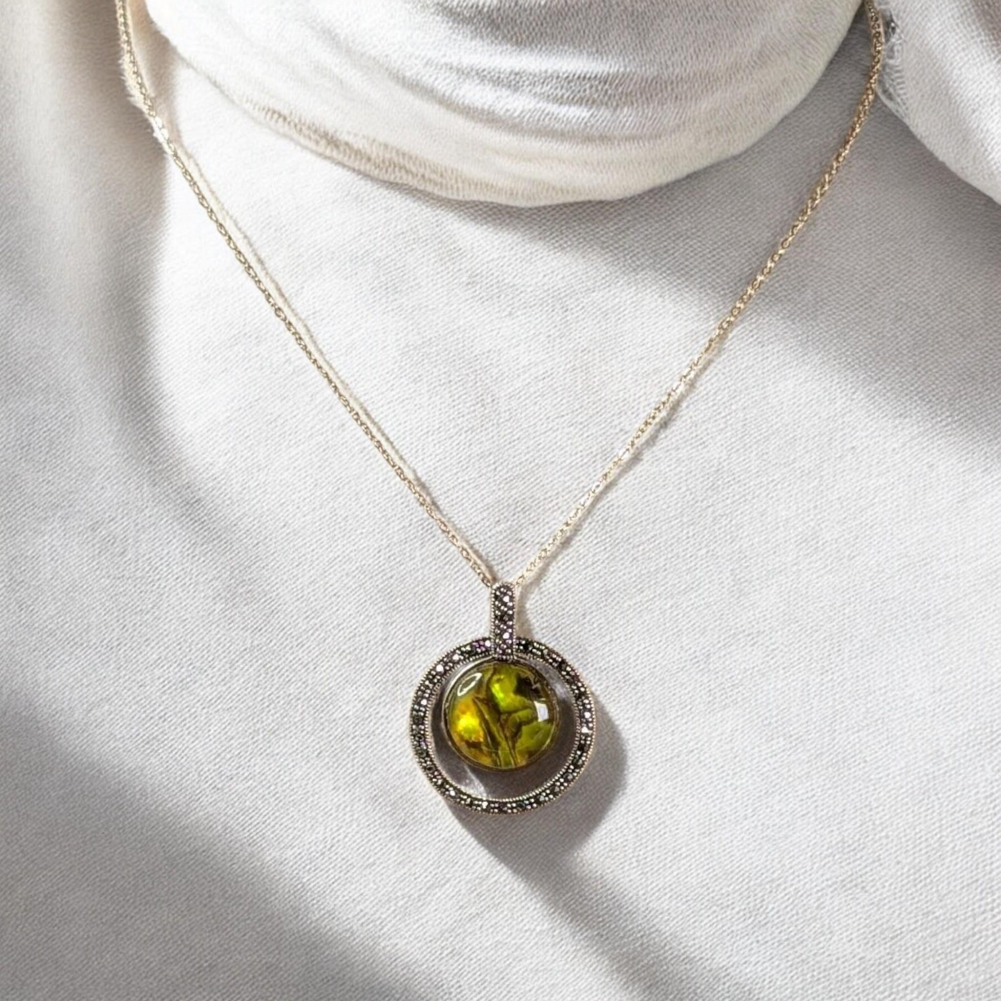 Vintage Sterling Silver Marcasite & Abalone Pendant Necklace – Floating Circle Design – 18" Chain – Marked 925