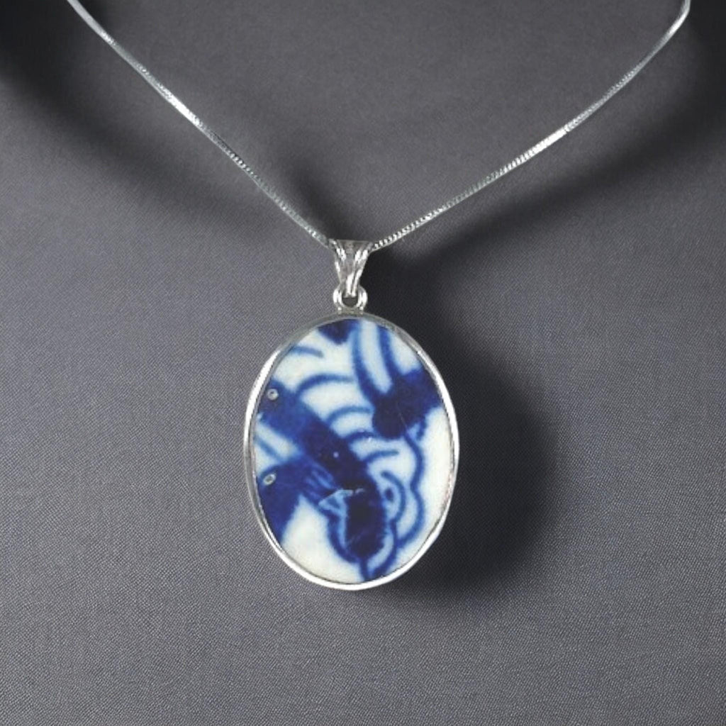 Antique Chinese Porcelain Shard Necklace: Sterling Silver, Qing Dynasty Style