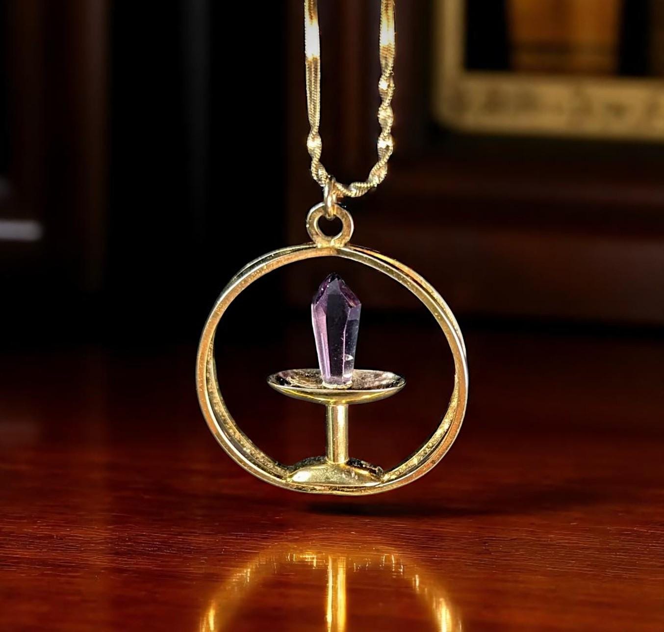 Vintage  Gothic Amethyst Dagger Pendant Necklace, Gold Vermeil over Sterling