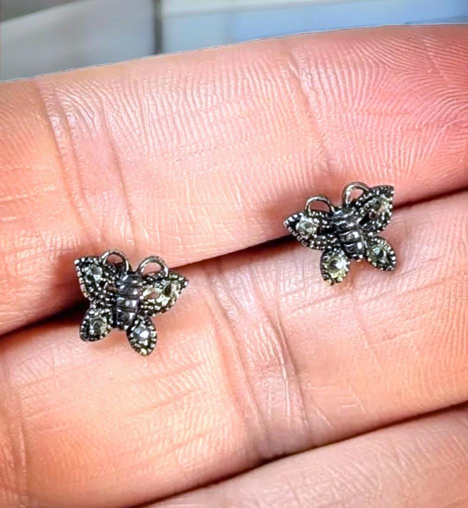 Vintage Marcasite Butterfly Stud Earrings: 925 Sterling Silver