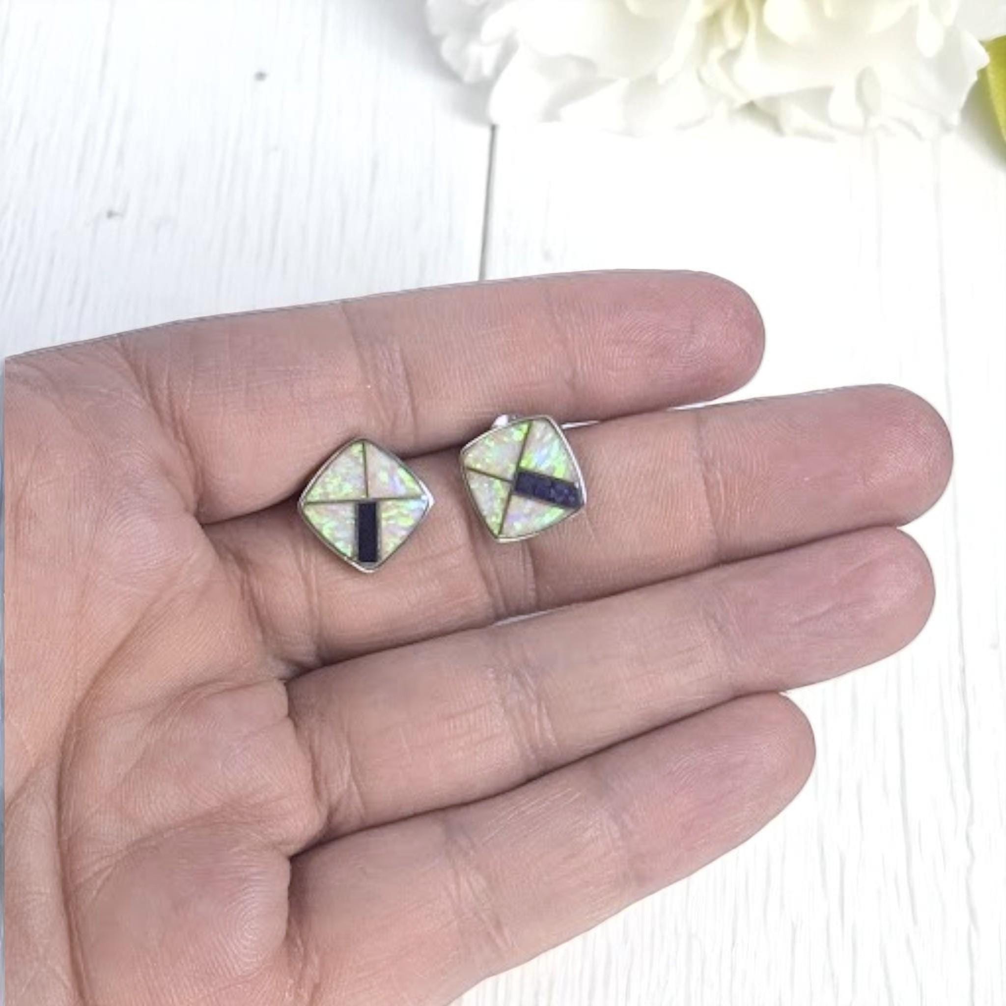 Vintage Sterling Silver Geometric Inlay Earrings: White & Purple Lab Opal