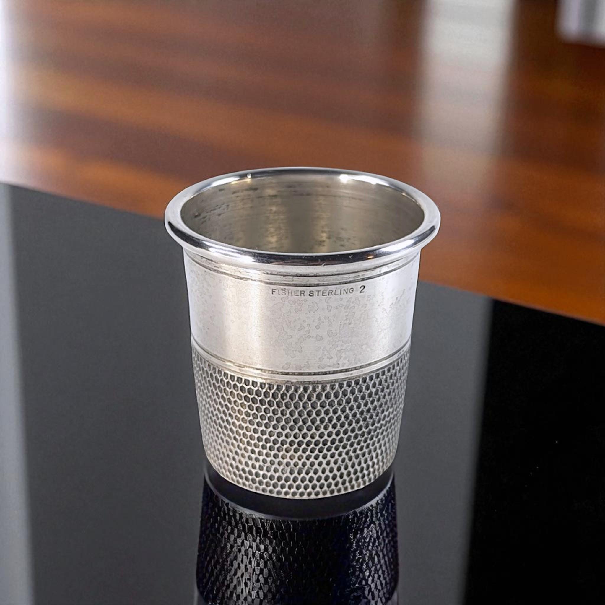 Vintage Sterling Silver Thimble Shot Glass – Fisher Sterling #2 – Monogram BCL – Mid-Century Novelty Barware