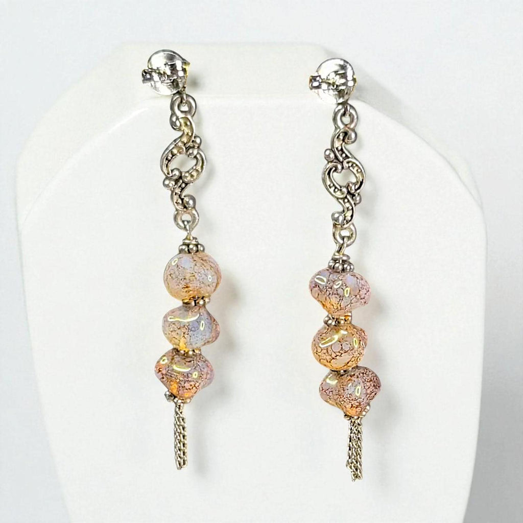 Iridescent Pink Czech Glass Dangle Earrings - Sterling Silver Statement Jewelry