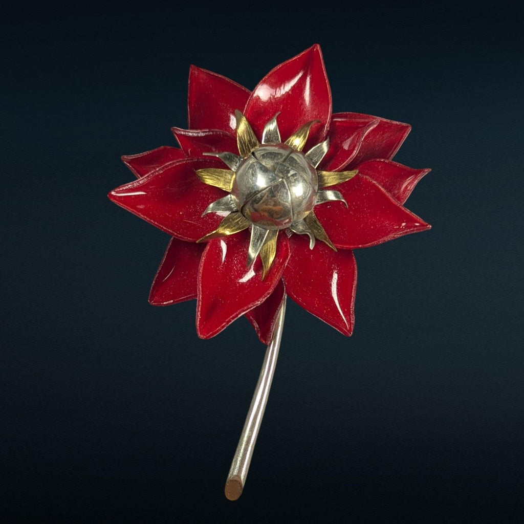 1950s Molded Plastic Floral Brooch, Dimensional Red & Gold Petals, Statement Pin