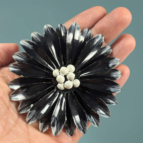 1960s Enamel Metal Flower Brooch, Black & White Daisy Pin, Large Mod Floral