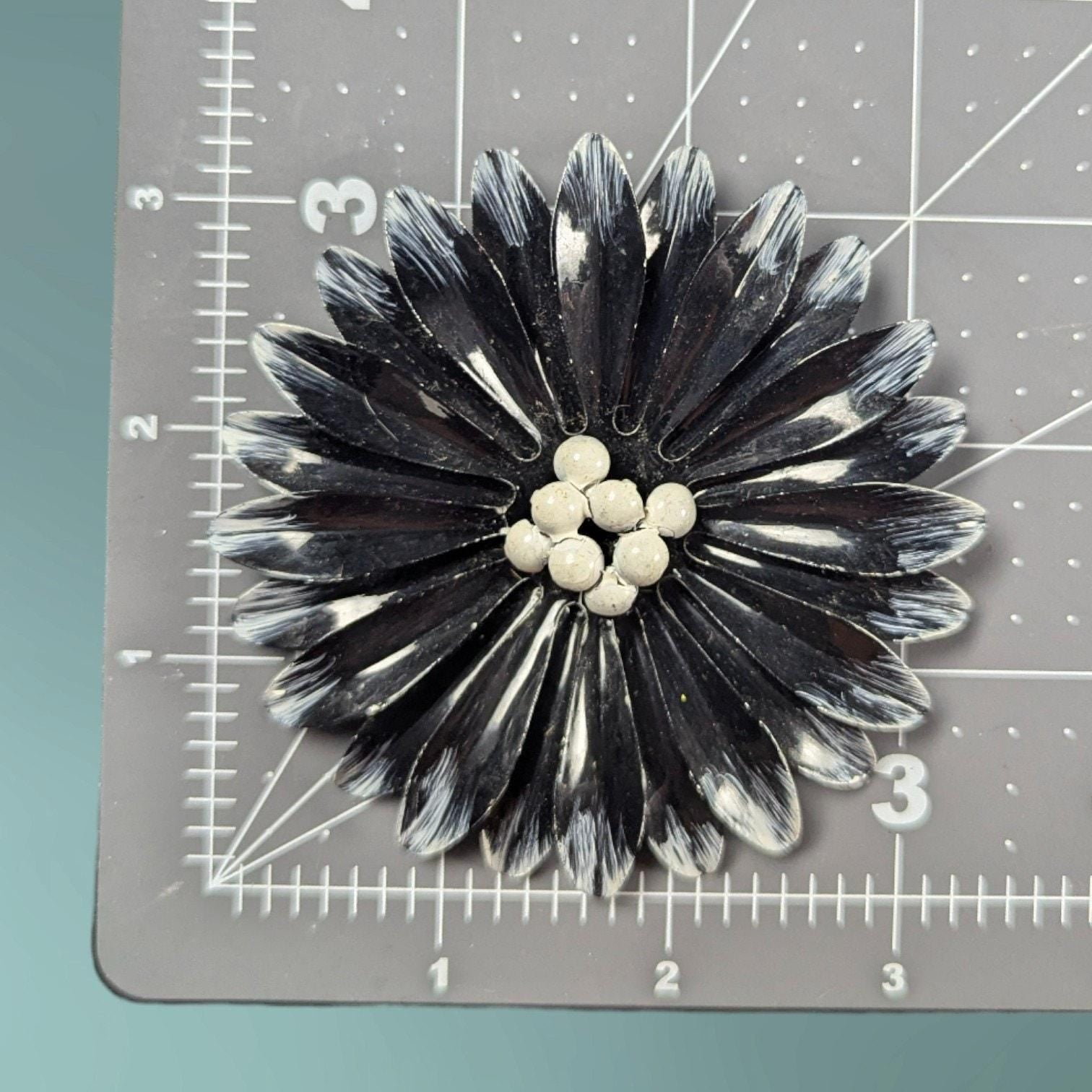 1960s Enamel Metal Flower Brooch, Black & White Daisy Pin, Large Mod Floral