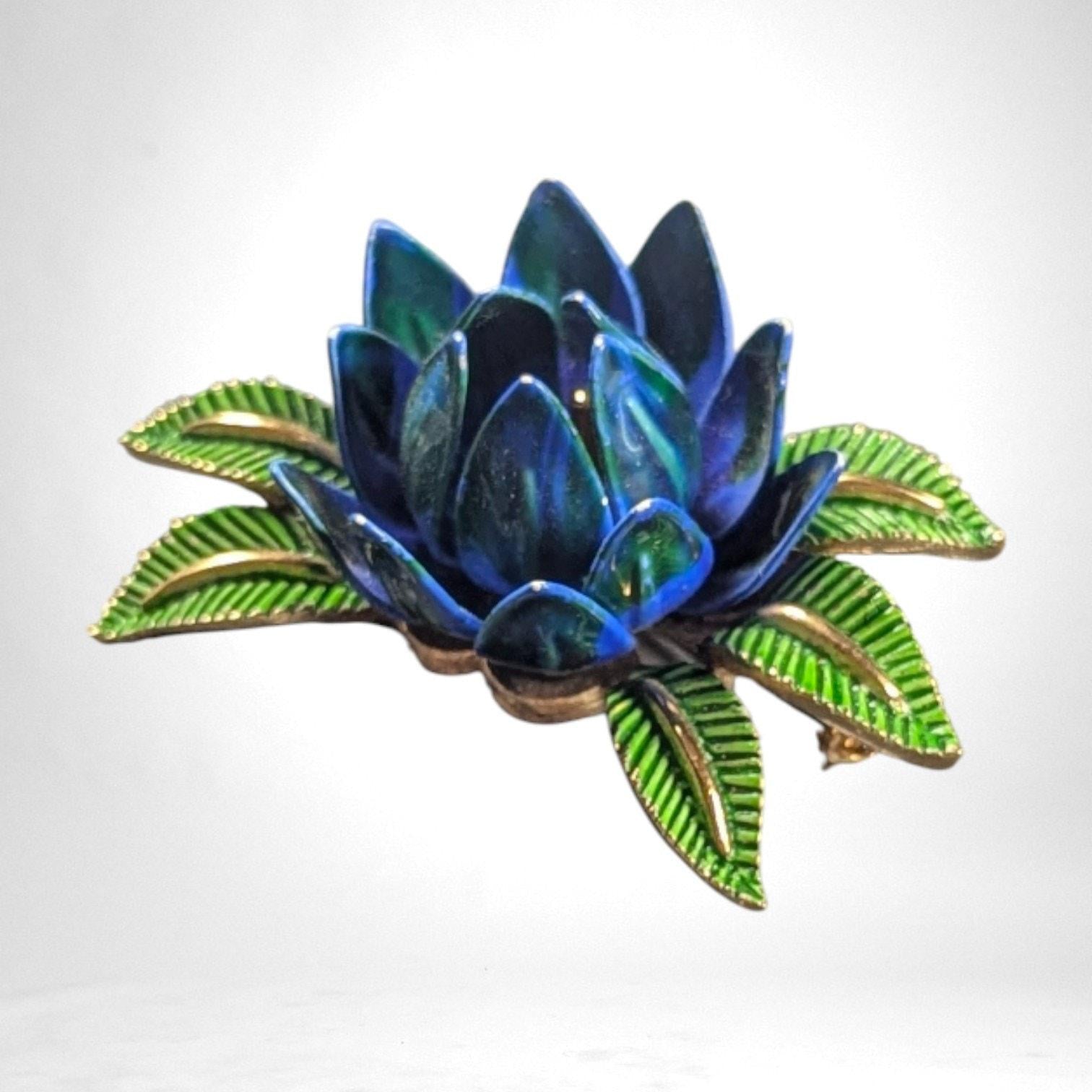 Vintage Crown Trifari Blue & Green Enamel Lotus Brooch, Dimensional Floral Pin