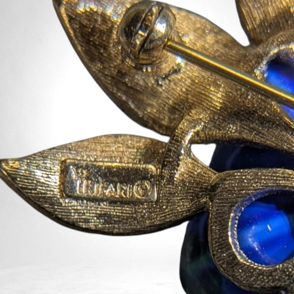 Vintage Crown Trifari Blue & Green Enamel Lotus Brooch, Dimensional Floral Pin