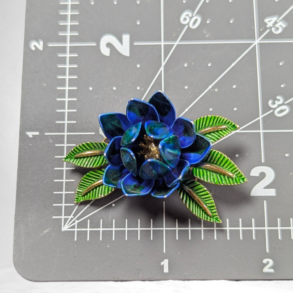 Vintage Crown Trifari Blue & Green Enamel Lotus Brooch, Dimensional Floral Pin