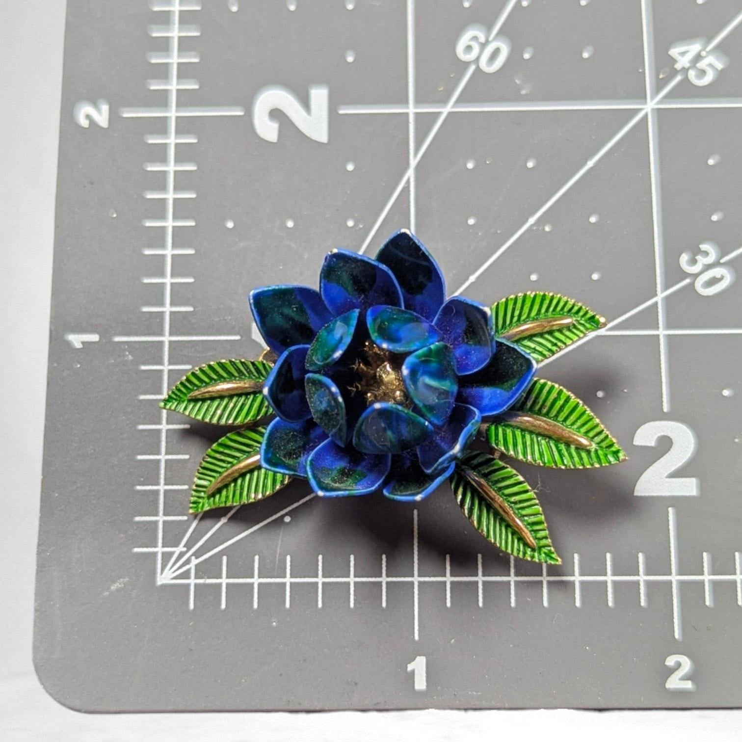 Vintage Crown Trifari Blue & Green Enamel Lotus Brooch, Dimensional Floral Pin