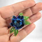Vintage Crown Trifari Blue & Green Enamel Lotus Brooch, Dimensional Floral Pin