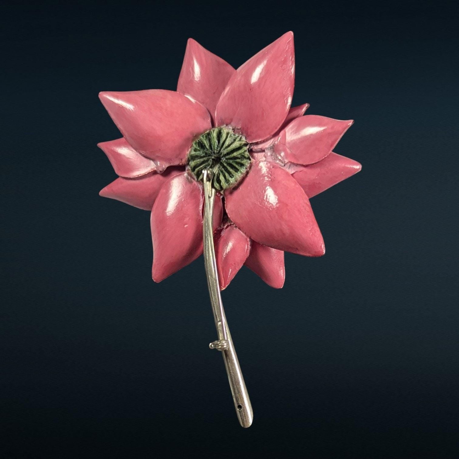 1950s Molded Plastic Floral Brooch, Dimensional Red & Gold Petals, Statement Pin