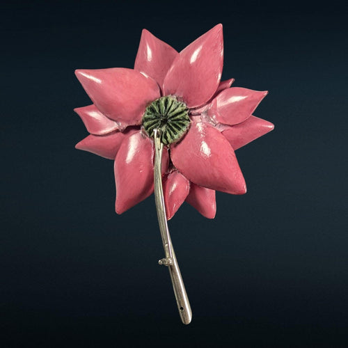 1950s Molded Plastic Floral Brooch, Dimensional Red & Gold Petals, Statement Pin
