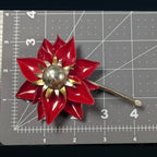 1950s Molded Plastic Floral Brooch, Dimensional Red & Gold Petals, Statement Pin