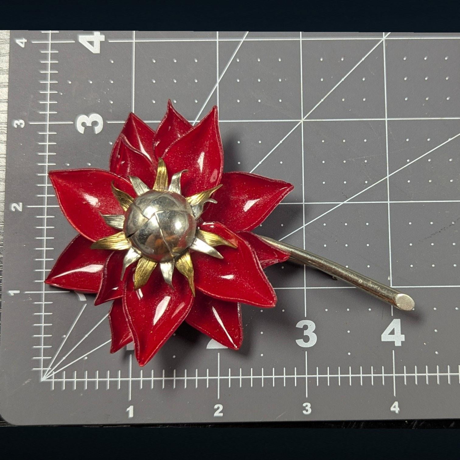 1950s Molded Plastic Floral Brooch, Dimensional Red & Gold Petals, Statement Pin