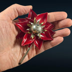 1950s Molded Plastic Floral Brooch, Dimensional Red & Gold Petals, Statement Pin