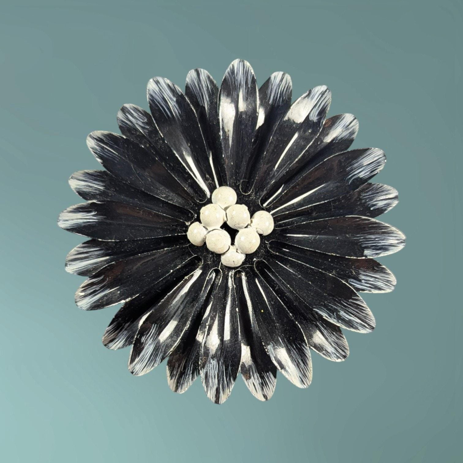 1960s Enamel Metal Flower Brooch, Black & White Daisy Pin, Large Mod Floral