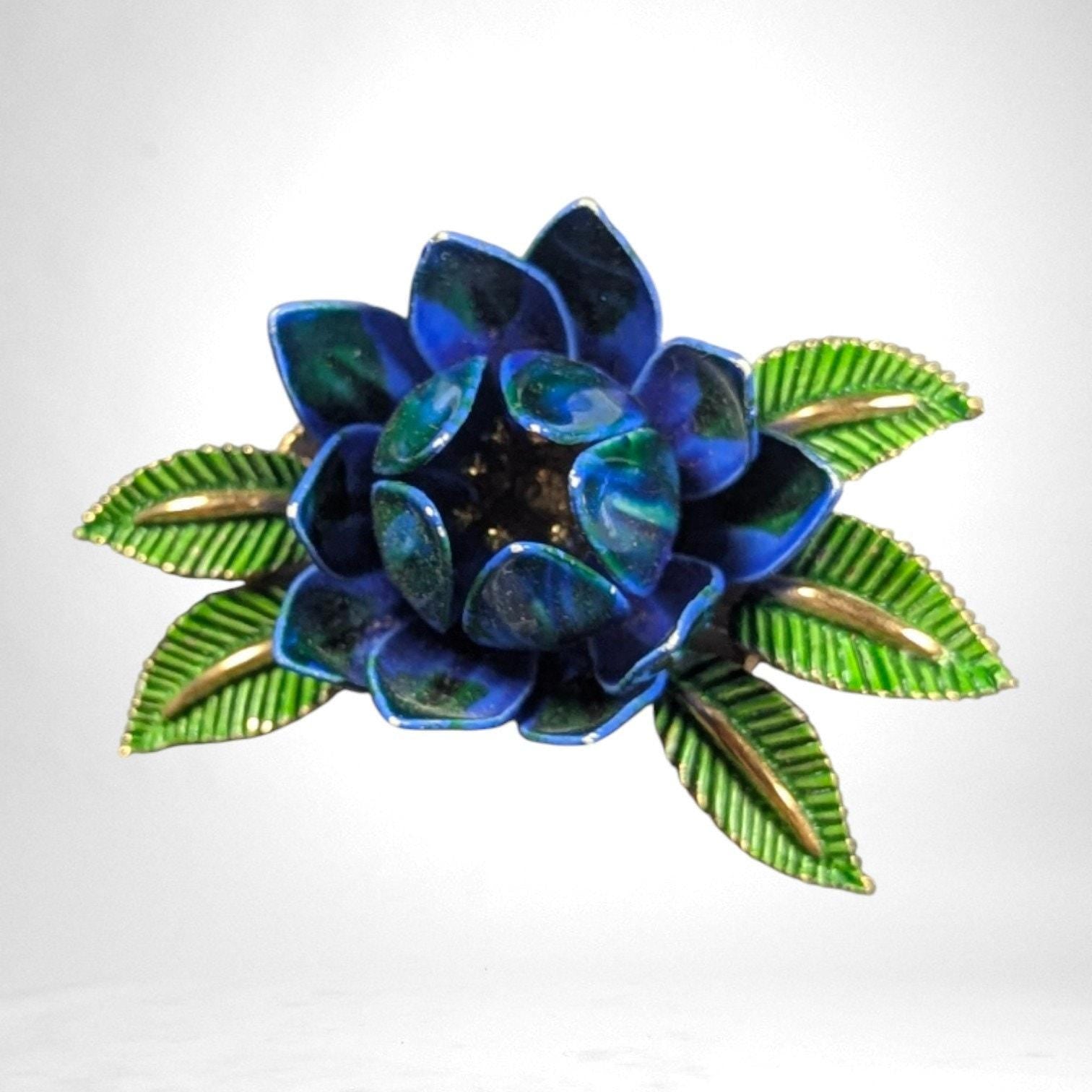 Vintage Crown Trifari Blue & Green Enamel Lotus Brooch, Dimensional Floral Pin