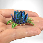 Vintage Crown Trifari Blue & Green Enamel Lotus Brooch, Dimensional Floral Pin
