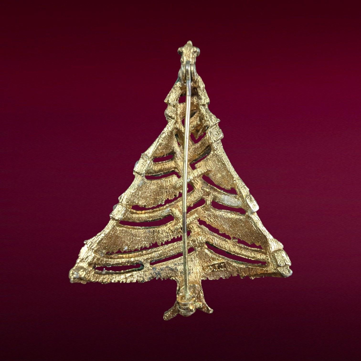 Vintage JJ Christmas Tree Brooch with Rhinestone Garland, Copyright Mark
