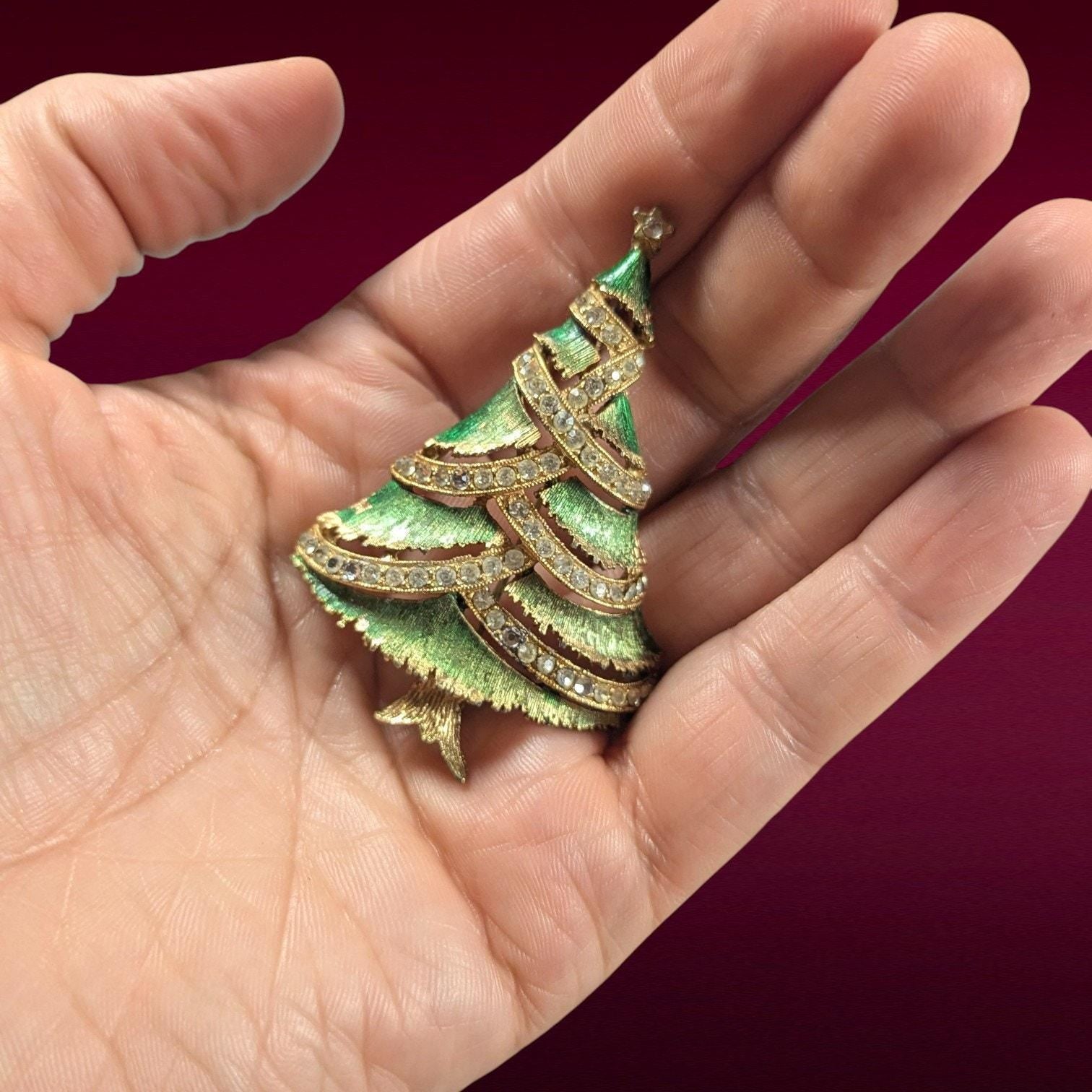 Vintage JJ Christmas Tree Brooch with Rhinestone Garland, Copyright Mark