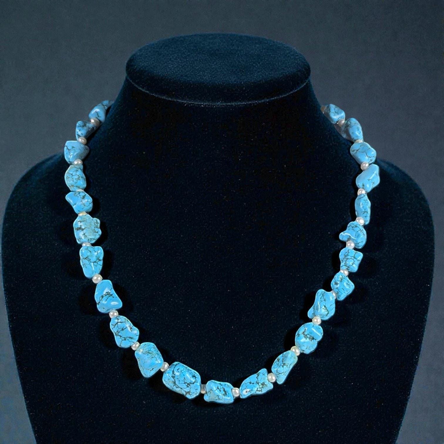Turquoise Nugget Pearl Necklace Sterling Silver Adjustable 16–19"