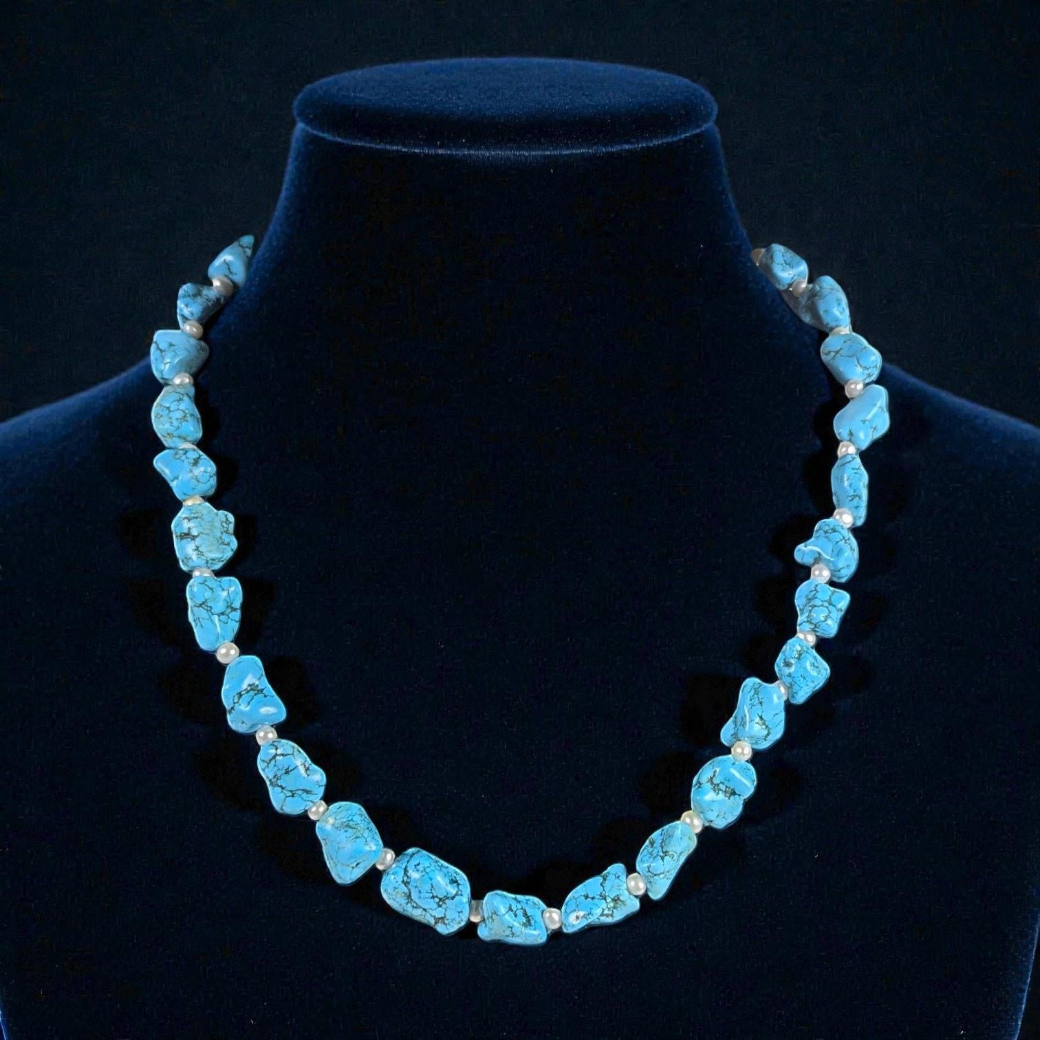 Turquoise Nugget Pearl Necklace Sterling Silver Adjustable 16–19"
