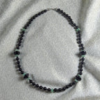 Vintage Onyx & Green Aventurine Beaded Necklace with Sterling Clasp – 22"