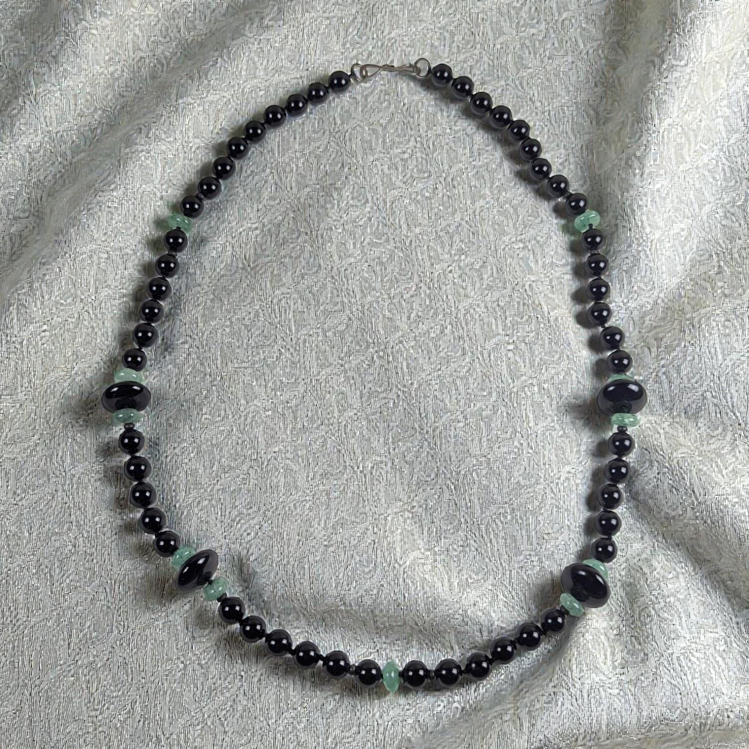 Vintage Onyx & Green Aventurine Beaded Necklace with Sterling Clasp – 22"