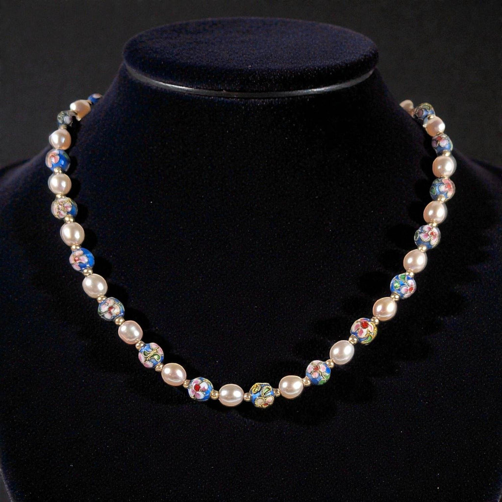 Vintage Estate Cloisonné & Pearl Necklace, 14K Gold Spacers, Marked 585