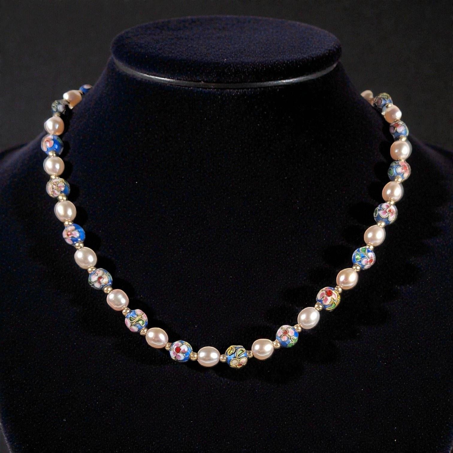 Vintage Estate Cloisonné & Pearl Necklace, 14K Gold Spacers, Marked 585