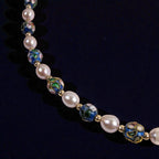 Vintage Estate Cloisonné & Pearl Necklace, 14K Gold Spacers, Marked 585