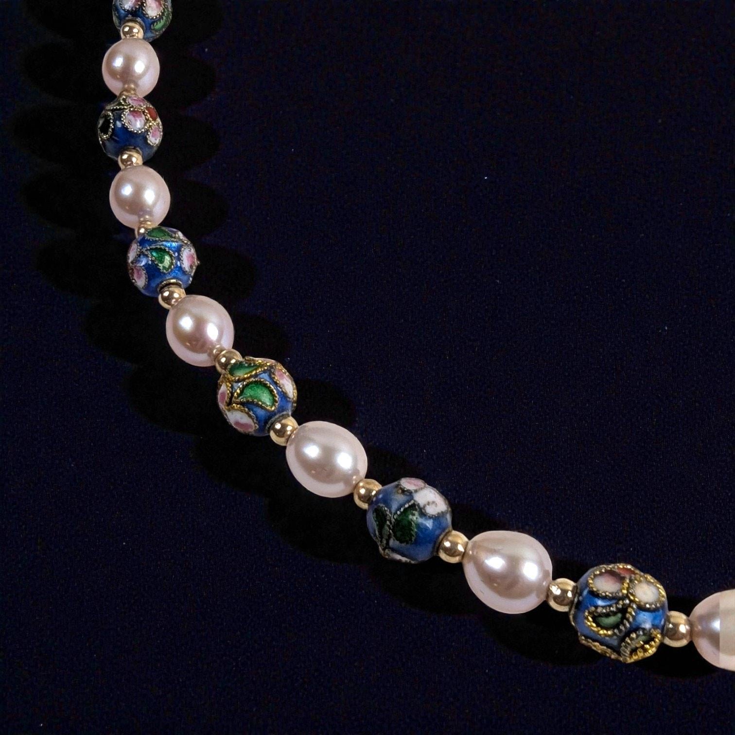 Vintage Estate Cloisonné & Pearl Necklace, 14K Gold Spacers, Marked 585