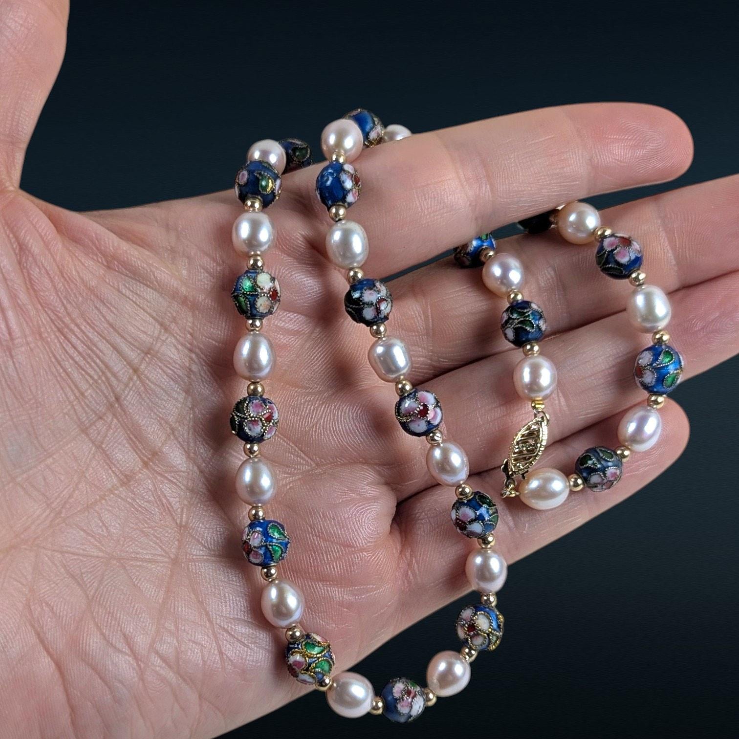 Vintage Estate Cloisonné & Pearl Necklace, 14K Gold Spacers, Marked 585