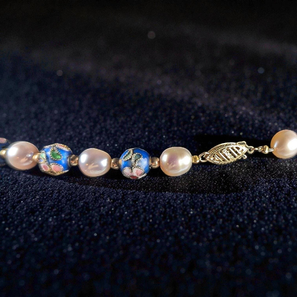 Vintage Estate Cloisonné & Pearl Necklace, 14K Gold Spacers, Marked 585
