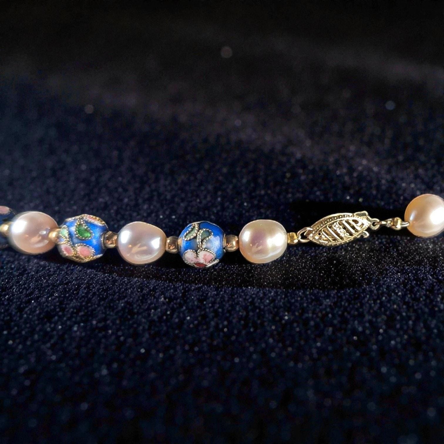 Vintage Estate Cloisonné & Pearl Necklace, 14K Gold Spacers, Marked 585