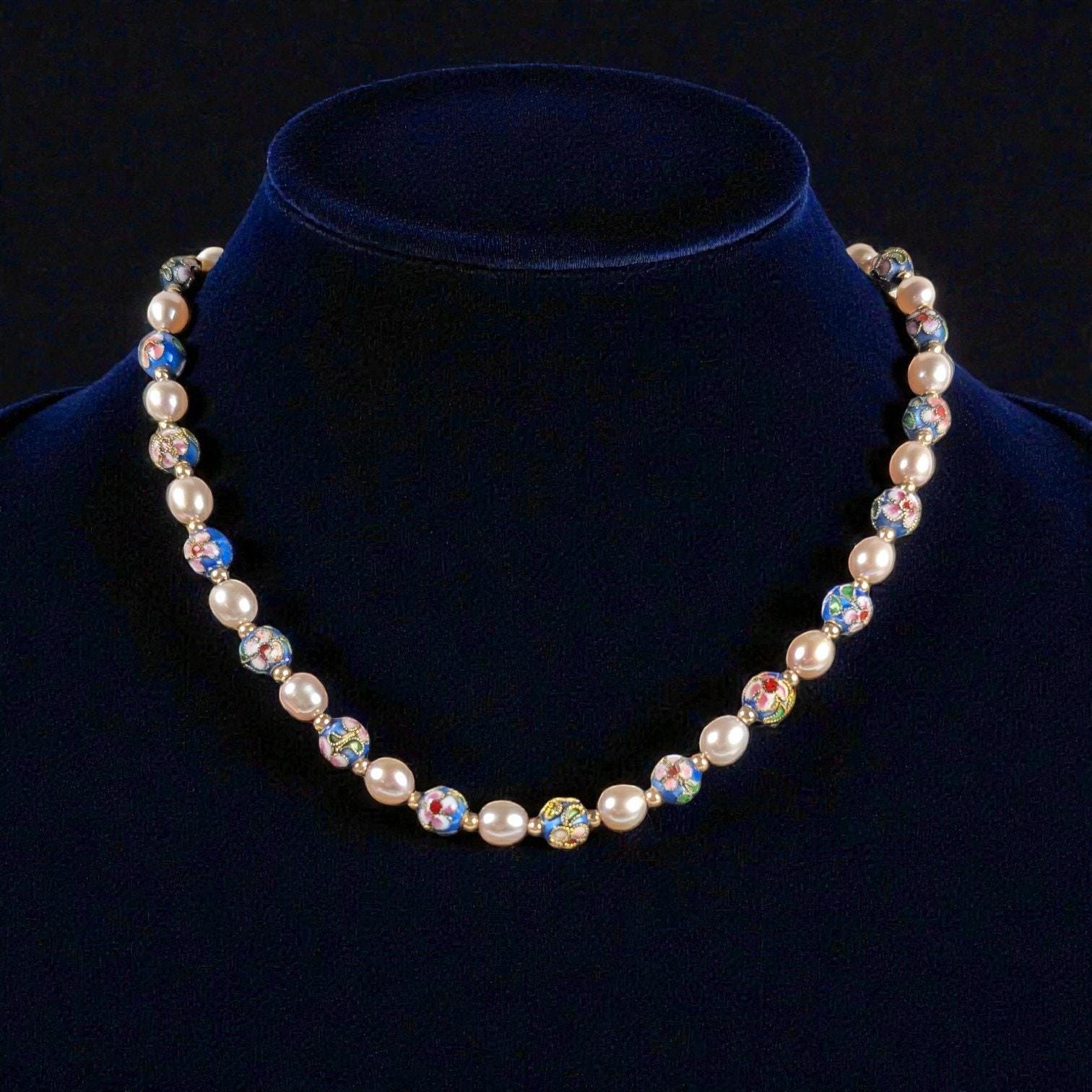 Vintage Estate Cloisonné & Pearl Necklace, 14K Gold Spacers, Marked 585