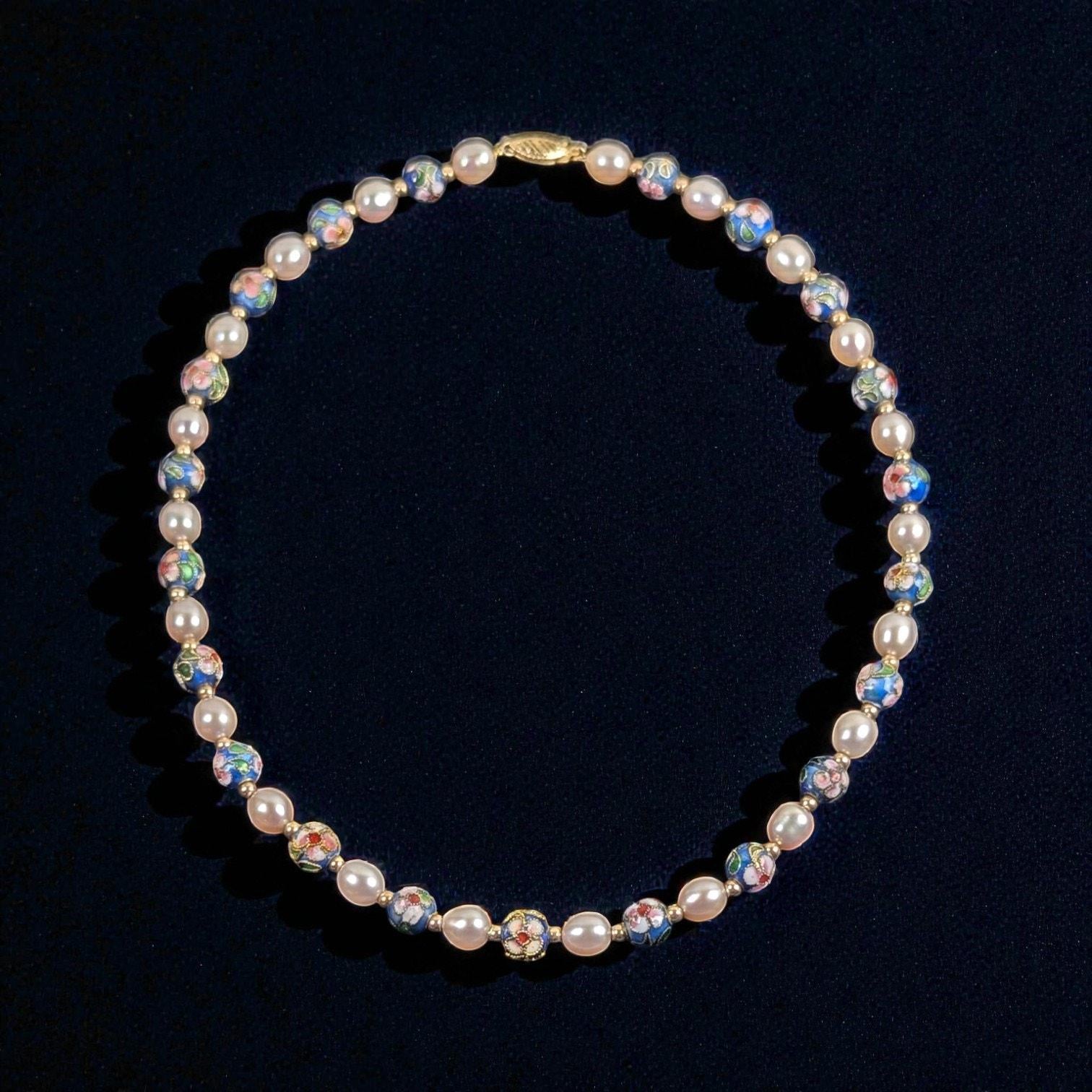 Vintage Estate Cloisonné & Pearl Necklace, 14K Gold Spacers, Marked 585