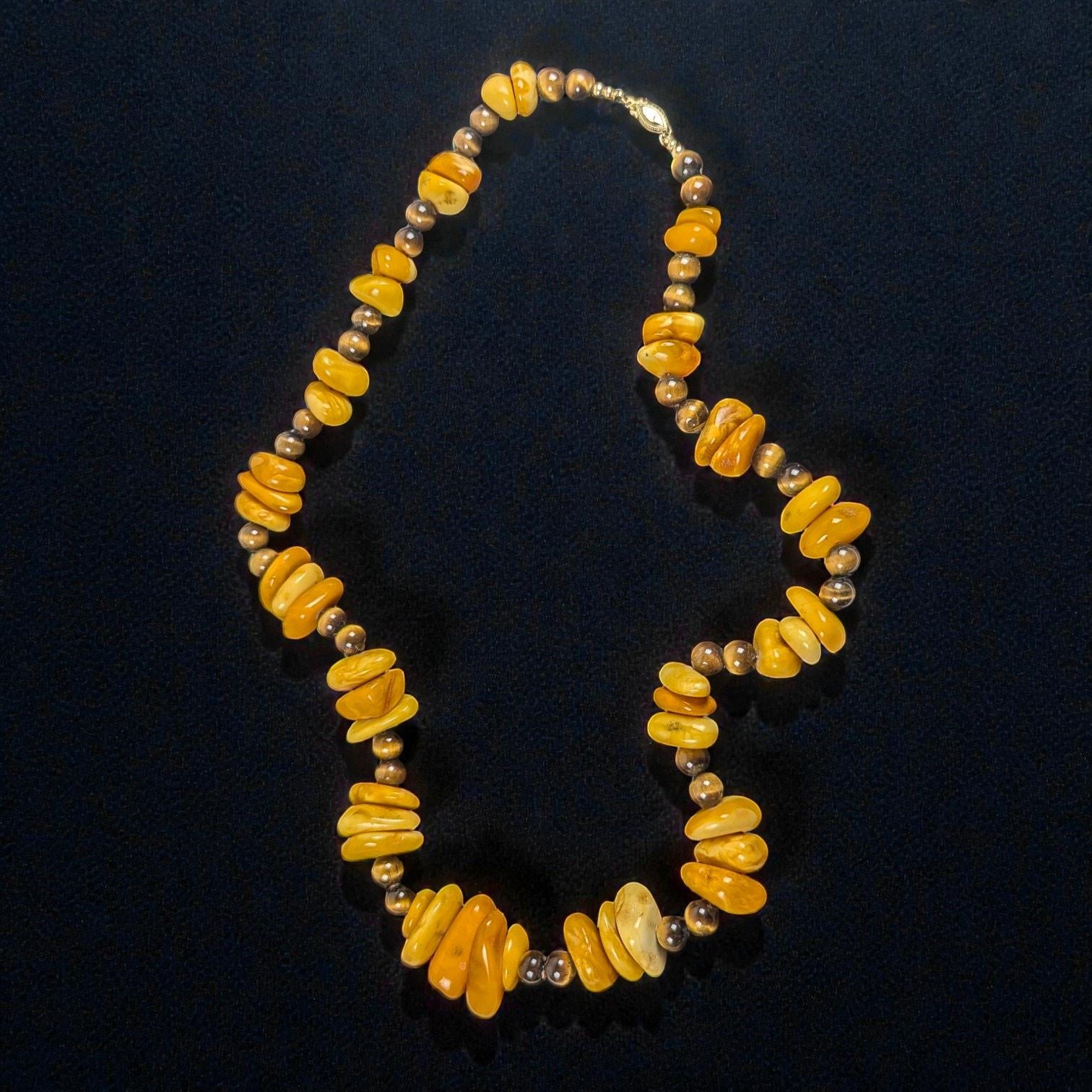 Vintage Butterscotch Amber & Tiger's Eye Necklace, 26 Inch, Gold Filled Clasp