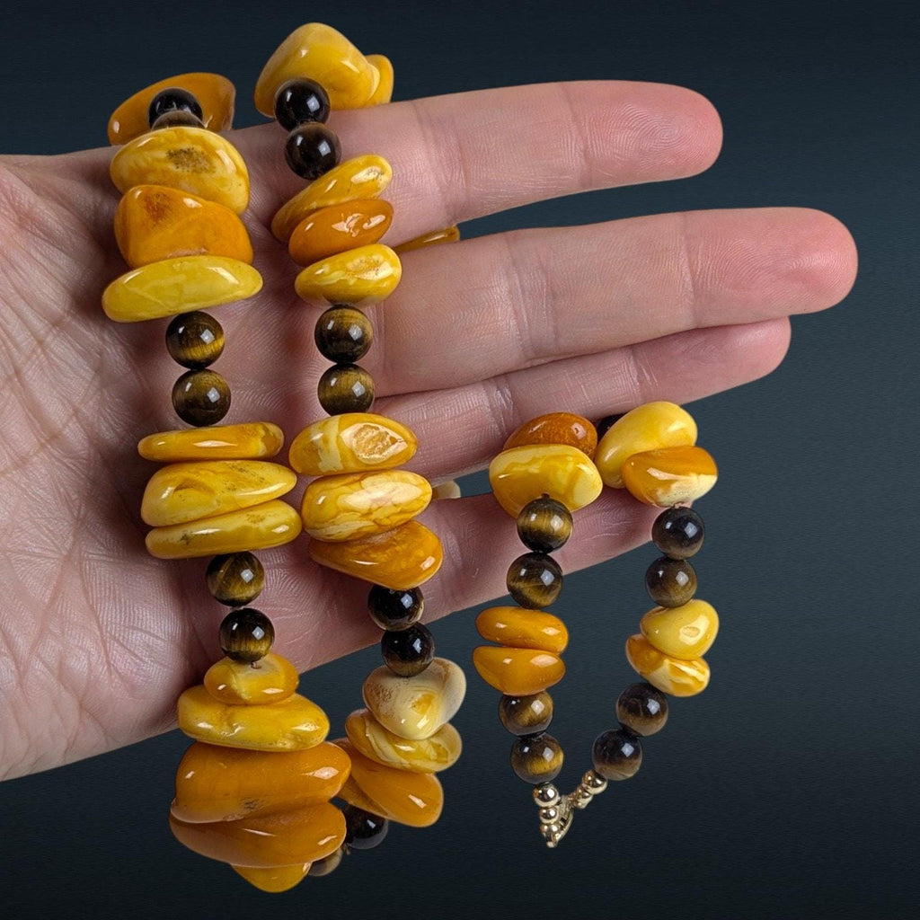 Vintage Butterscotch Amber & Tiger's Eye Necklace, 26 Inch, Gold Filled Clasp
