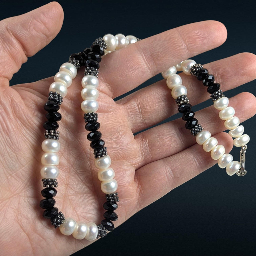 Sterling Silver Freshwater Pearl and Faceted Onyx Necklace, 18 Inches