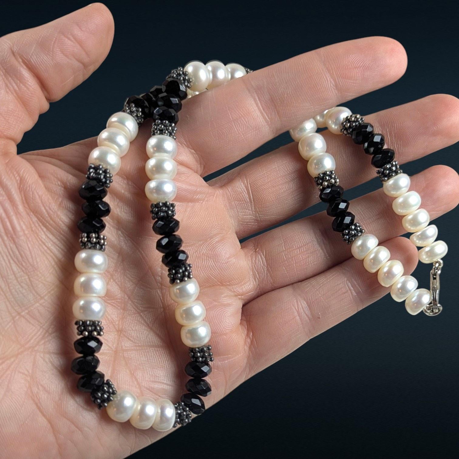 Sterling Silver Freshwater Pearl and Faceted Onyx Necklace, 18 Inches