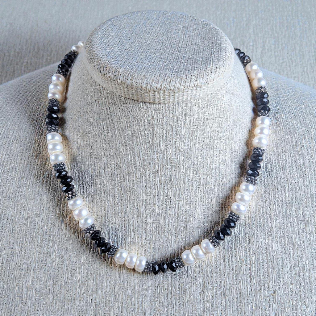 Sterling Silver Freshwater Pearl and Faceted Onyx Necklace, 18 Inches