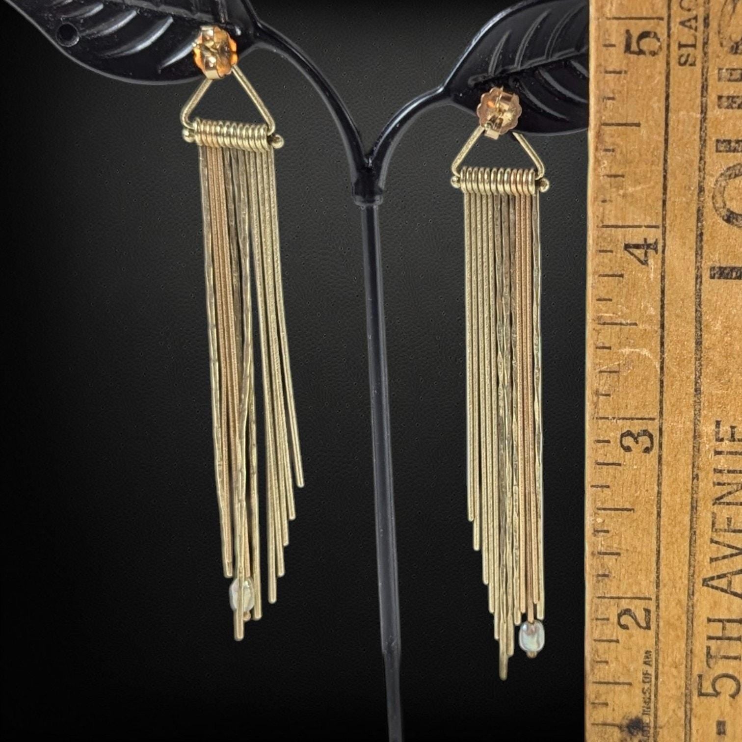 Vintage 14K Gold Fringe Chandelier Earrings Pearl Accents 11.1 Grams