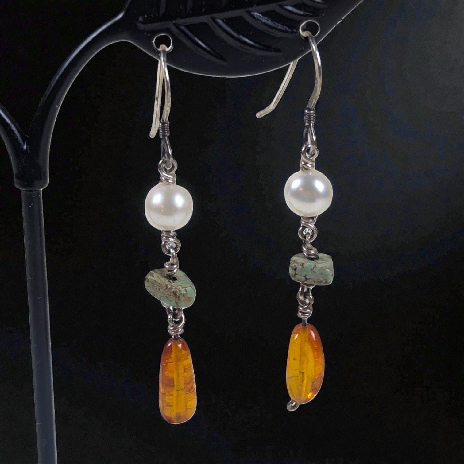 Vintage Amber, Pearl, and Green Turquoise Drop Earrings in Sterling Silver