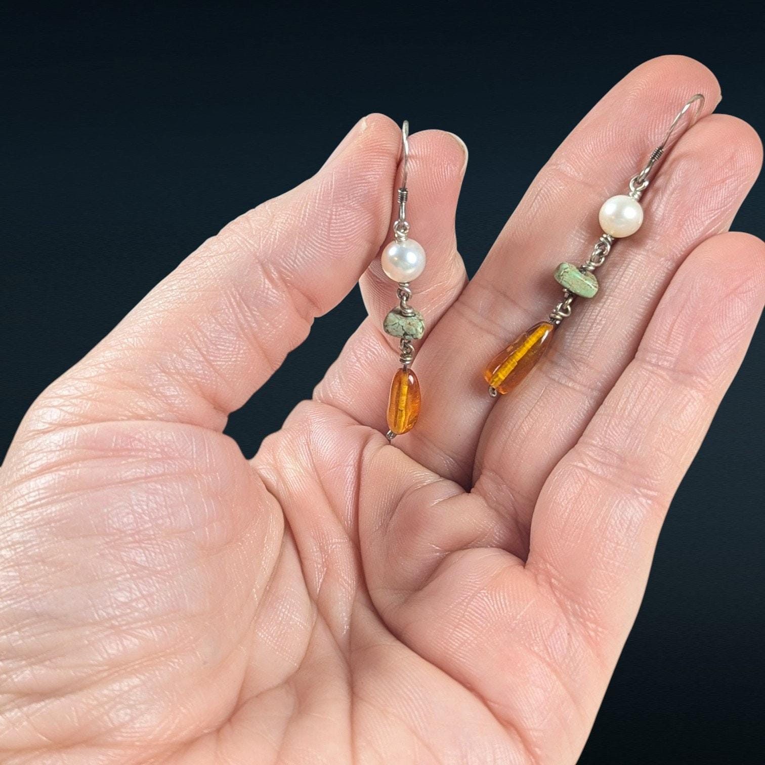 Vintage Amber, Pearl, and Green Turquoise Drop Earrings in Sterling Silver